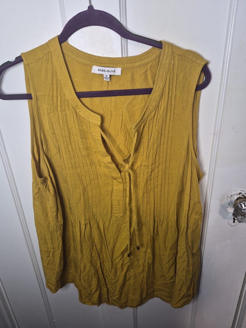 Rose & Olive Mustard Pintuck Tie-Front Sleeveless Top